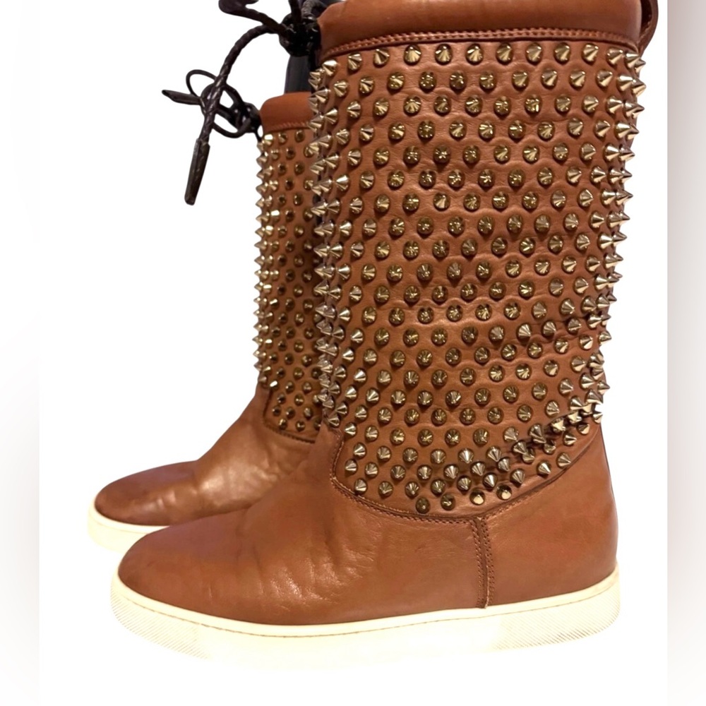 Christian Louboutin brown Surlapony leather spikes boots